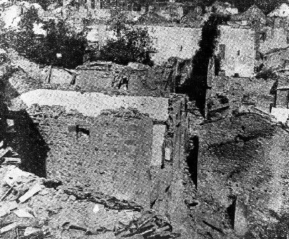 The ruins of Oradour - sur - Glane, a French village destroyed by the SS and all of whose inhabitants were burnt to death.